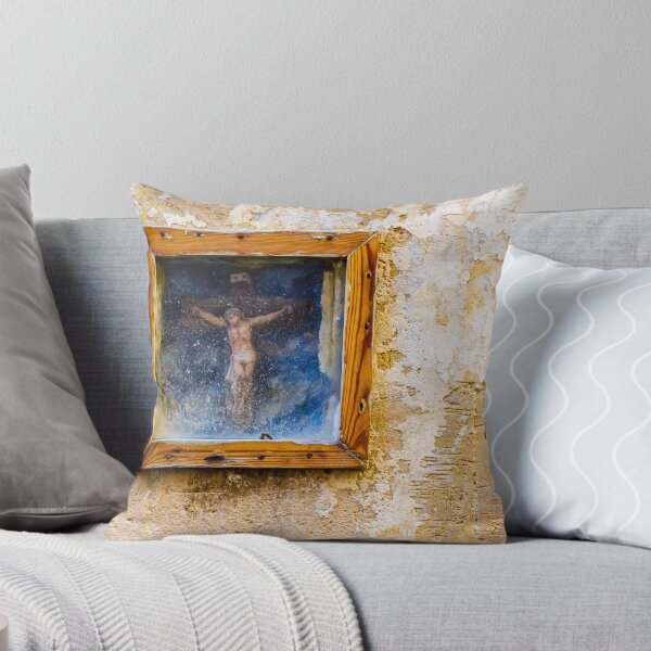 Item preview, Weathered Framed Crucifix On Old Plastered Wall Religious Icon Shrine In Rustic Street Scene designed and sold by Nmallia.