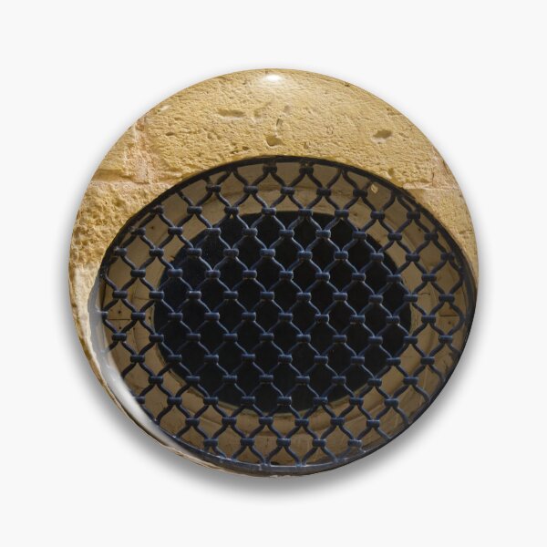 Item preview, Round Black Iron Grate Venting Set in Textured Yellow Sandstone Wall With Decorative Air Vents designed and sold by Nmallia.