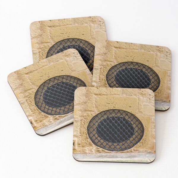Item preview, Round Black Iron Grate Venting Set in Textured Yellow Sandstone Wall With Decorative Air Vents designed and sold by Nmallia.