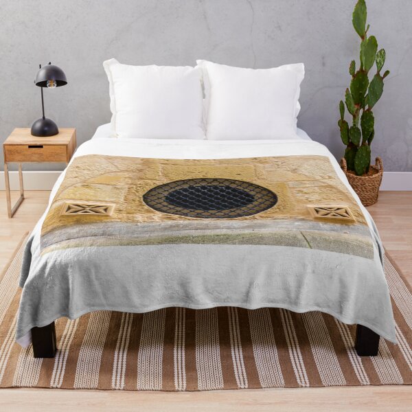Item preview, Round Black Iron Grate Venting Set in Textured Yellow Sandstone Wall With Decorative Air Vents designed and sold by Nmallia.
