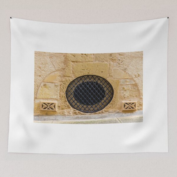 Item preview, Round Black Iron Grate Venting Set in Textured Yellow Sandstone Wall With Decorative Air Vents designed and sold by Nmallia.
