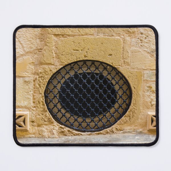 Item preview, Round Black Iron Grate Venting Set in Textured Yellow Sandstone Wall With Decorative Air Vents designed and sold by Nmallia.