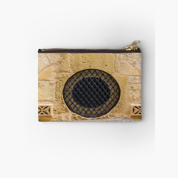 Item preview, Round Black Iron Grate Venting Set in Textured Yellow Sandstone Wall With Decorative Air Vents designed and sold by Nmallia.