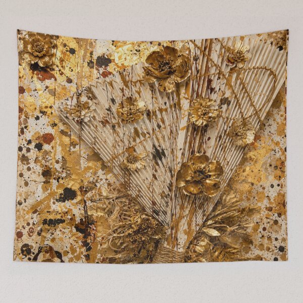 Item preview, Gilded Gold Leaf Fan and Floral Mixed Media Art designed and sold by THE SPLATTERED HAUS BY SAGE BANKS.