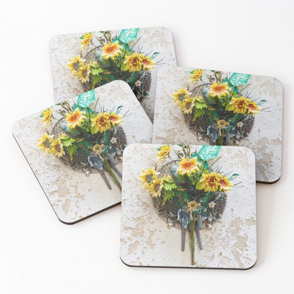 Item preview, Vintage Sunflower Wall Basket With Yellow Artificial Flowers Hanging On Peeling Plaster designed and sold by Nmallia.