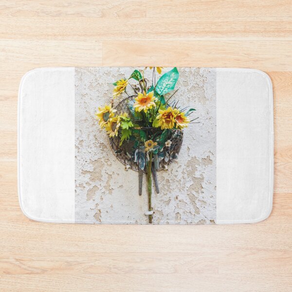 Item preview, Vintage Sunflower Wall Basket With Yellow Artificial Flowers Hanging On Peeling Plaster designed and sold by Nmallia.