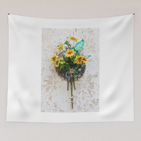 Item preview, Vintage Sunflower Wall Basket With Yellow Artificial Flowers Hanging On Peeling Plaster designed and sold by Nmallia.