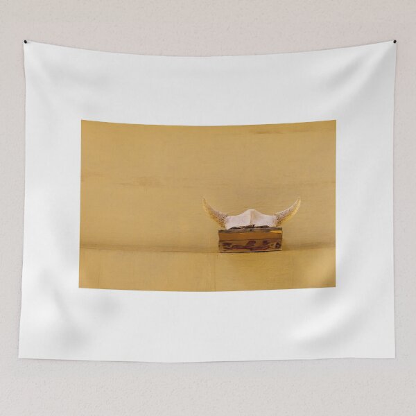 Item preview, Mounted Bull Skull With Curved Horns On Rustic Yellow Wall Minimal Western Decor designed and sold by Nmallia.