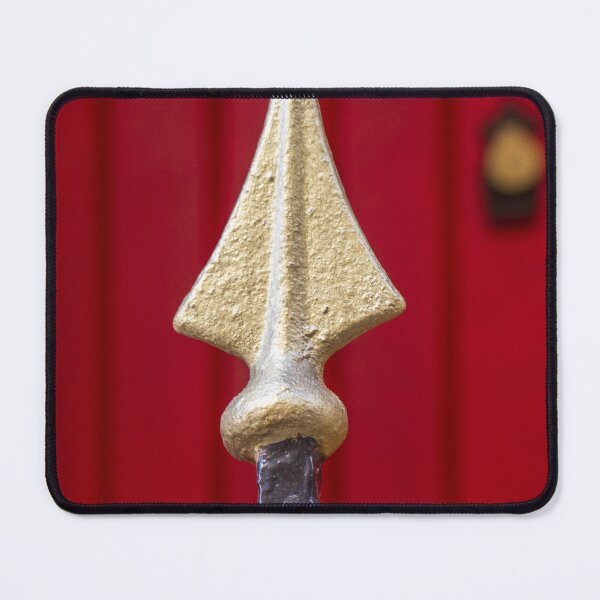 Item preview, Decorative Iron Gate With Gold Finials Guarding a Bright Red Wooden Door Entrance of Historic Home designed and sold by Nmallia.