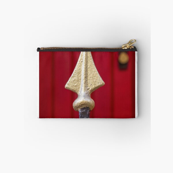 Item preview, Decorative Iron Gate With Gold Finials Guarding a Bright Red Wooden Door Entrance of Historic Home designed and sold by Nmallia.