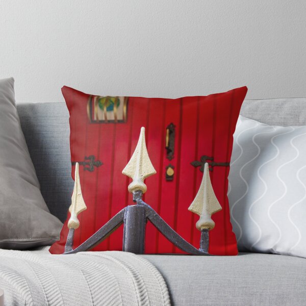 Item preview, Decorative Iron Gate With Gold Finials Guarding a Bright Red Wooden Door Entrance of Historic Home designed and sold by Nmallia.