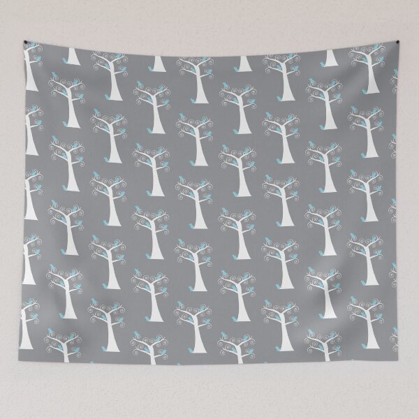 Item preview, Whimsical Blue Birds on White Tree | Modern Nature Illustration | Cute Bird Art with Gray Background designed and sold by ValeriesGallery.