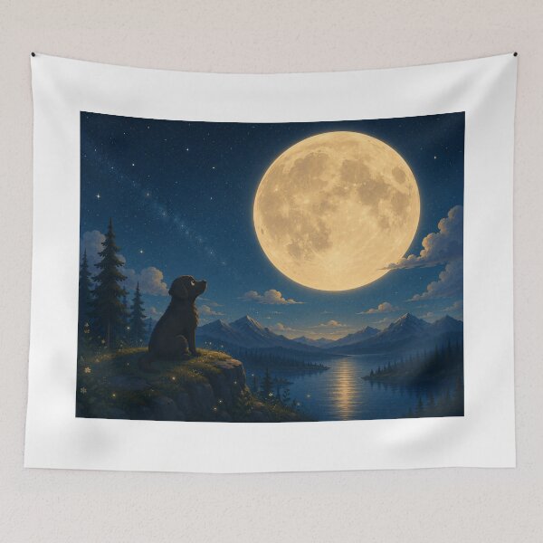 Item preview, The Great Moon – Black Labrador Under a Giant Full Moon | Magical Night Illustration designed and sold by Goodthingstree.