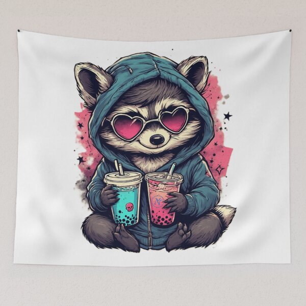 Item preview, Cool Raccoon Drinking Boba Tea with Heart Sunglasses  designed by NegarTvDesigns  designed and sold by NegarTv Designs.