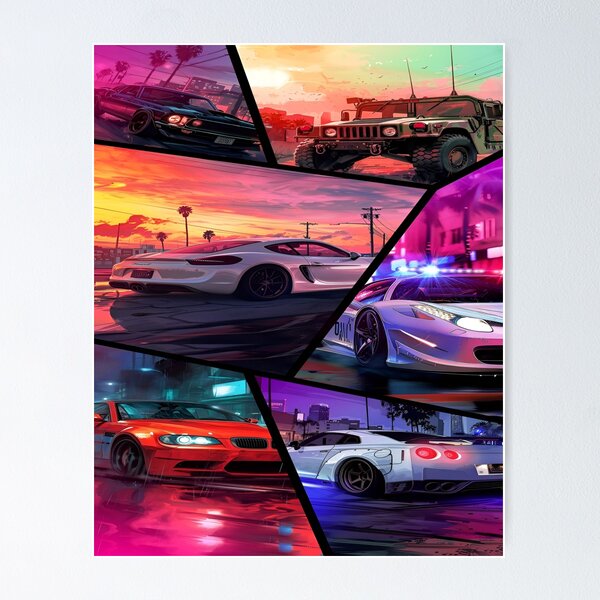 Item preview, A Dynamic Urban Street Racing Scene Featuring Iconic Sports Cars and Bold Color Palette with Neon Highlights designed and sold by Matt_Smith.