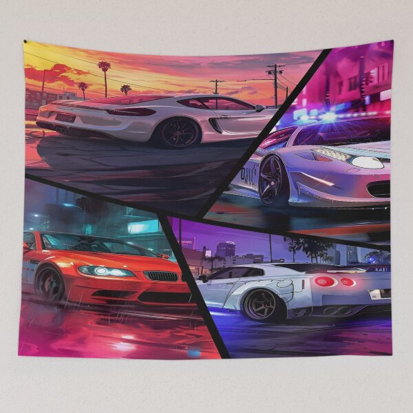 Item preview, A Dynamic Urban Street Racing Scene Featuring Iconic Sports Cars and Bold Color Palette with Neon Highlights designed and sold by Matt_Smith.