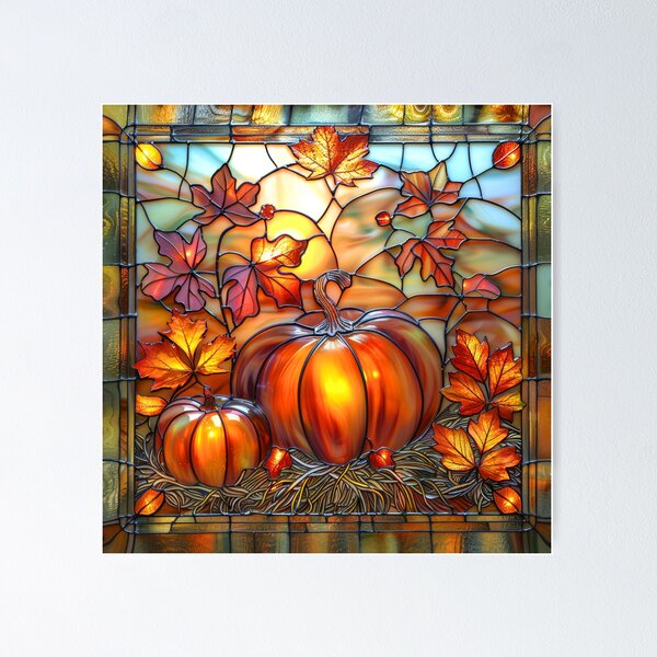 Item preview, Autumn Pumpkin Stained Glass – Fall Maple Leaves Sunset Nature Art designed and sold by MargaretWiktor.