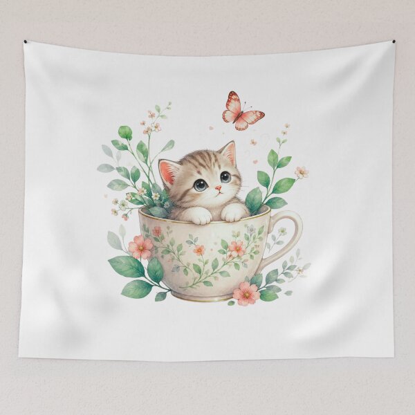 Item preview, Blooming Whiskers – Cute Kitten in Floral Teacup with Butterfly designed and sold by teeNova Wear.