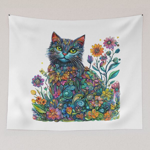 Item preview, Colorful Floral Cat – Vibrant Boho Botanical Cat Art designed and sold by Awarrie.