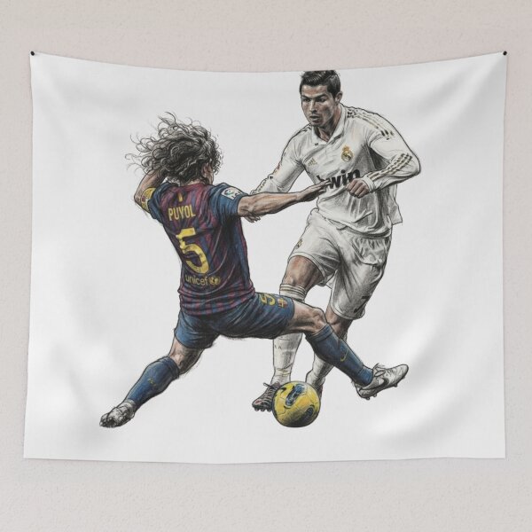 Item preview, Cristiano Ronaldo Dribbling Past Carles Puyol Pencil Sketch designed and sold by annaarthk.
