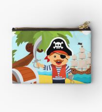 Pirate captain on island shore with treasure chest Studio Pouch