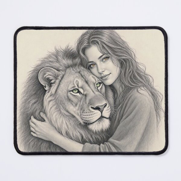 Item preview, Woman Hugging Lion Gentle Strength Pencil Sketch designed and sold by jo-e-basta.