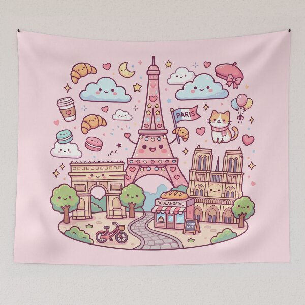 Item preview, Kawaii Paris Landmarks Eiffel Tower Notre Dame Cute Travel Art designed and sold by Amir Faysal.