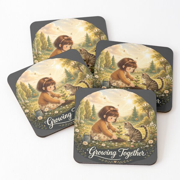 Item preview, Growing Together – Girl & Kitten Planting designed and sold by thirtyonestars.