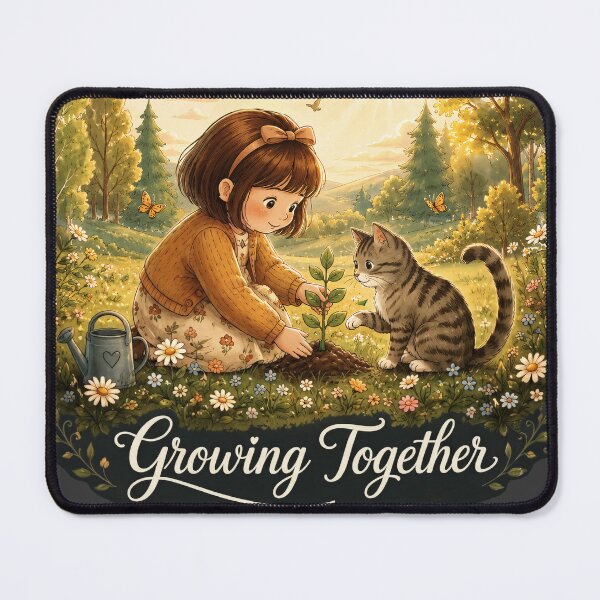 Item preview, Growing Together – Girl & Kitten Planting designed and sold by thirtyonestars.