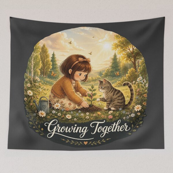 Item preview, Growing Together – Girl & Kitten Planting designed and sold by thirtyonestars.