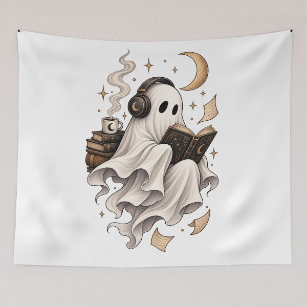Item preview, Cozy Ghost Reading with Headphones and Coffee | Gothic Book Lover Ghost designed and sold by BlackBoneArt.
