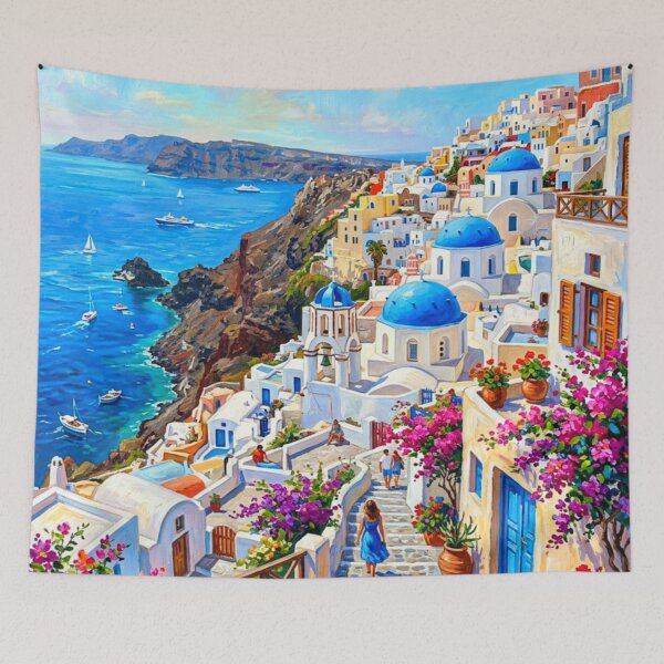Item preview, Santorini Greece Mediterranean Coastal Village Painting designed and sold by adlkh.