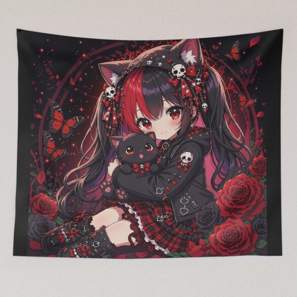 Item preview, Gothic Neko Girl & Black Cat – Red Rose Anime designed and sold by Revyra Design .