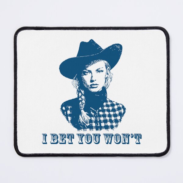 Item preview, “I Bet You Won’t” Cowgirl Badass Vintage Etching Illustration Style in Denim Blue designed and sold by ✨nightvrld.