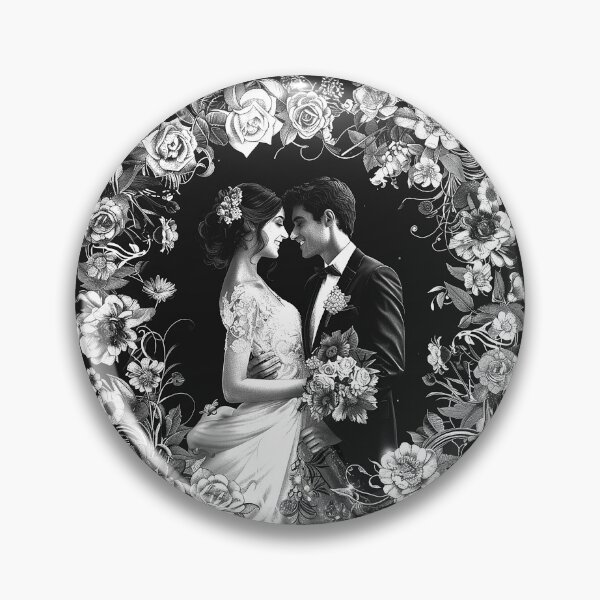 Item preview, Romantic Wedding Couple with Floral Frame Monochrome Bridal Art designed and sold by inkoutninja.