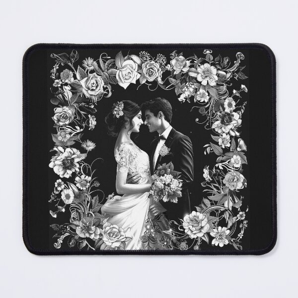 Item preview, Romantic Wedding Couple with Floral Frame Monochrome Bridal Art designed and sold by inkoutninja.