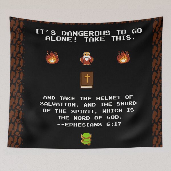 Item preview, Retro Pixel Art Bible Verse – “It’s Dangerous to Go Alone” Ephesians 6:17 Design designed and sold by Duellator.