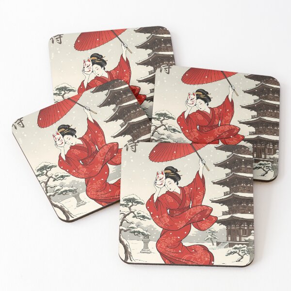 Item preview, Geisha with Kitsune Mask in Snow designed and sold by TokyoUkiyoHouse.