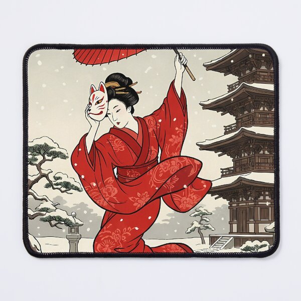 Item preview, Geisha with Kitsune Mask in Snow designed and sold by TokyoUkiyoHouse.
