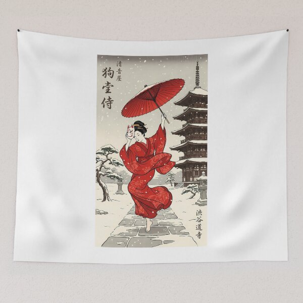 Item preview, Geisha with Kitsune Mask in Snow designed and sold by TokyoUkiyoHouse.