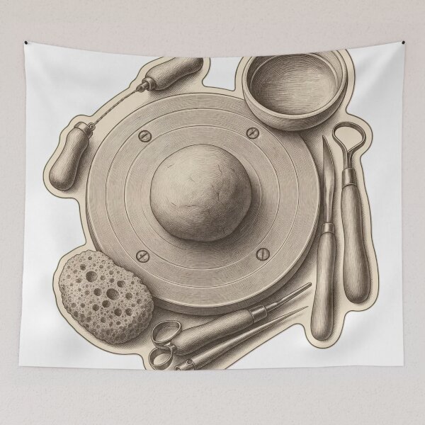 Item preview, Potter's Wheel Flat Lay | Vintage Pottery Tools Ceramicist Dark Academia Print designed and sold by StickyGuys.