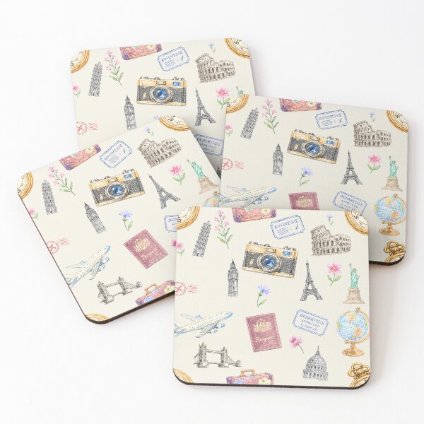 Item preview, Vintage Travel Pattern – Retro European Adventure Camera Passport & Landmarks designed and sold by PaperyAndInk.