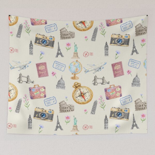 Item preview, Vintage Travel Pattern – Retro European Adventure Camera Passport & Landmarks designed and sold by PaperyAndInk.