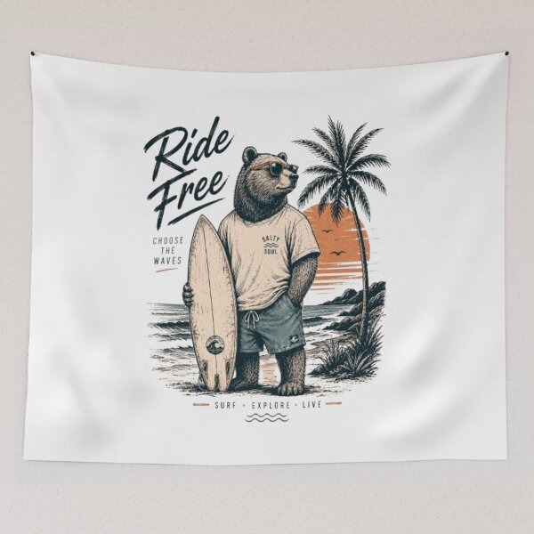 Item preview, Ride Free – Vintage Surfer Bear | Retro T-Shirt for Surf, Beach, and Freedom Lovers designed and sold by victorstudioart.