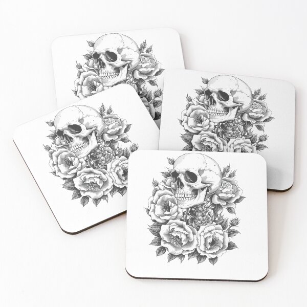 Item preview, Skull and Roses Black and White Illustration designed and sold by redblink store.