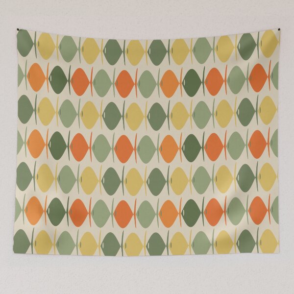 Item preview, Retro Fish Stripes Midcentury Modern Muted Mossy Green Orange Yellow Pattern designed and sold by kierkegaard.