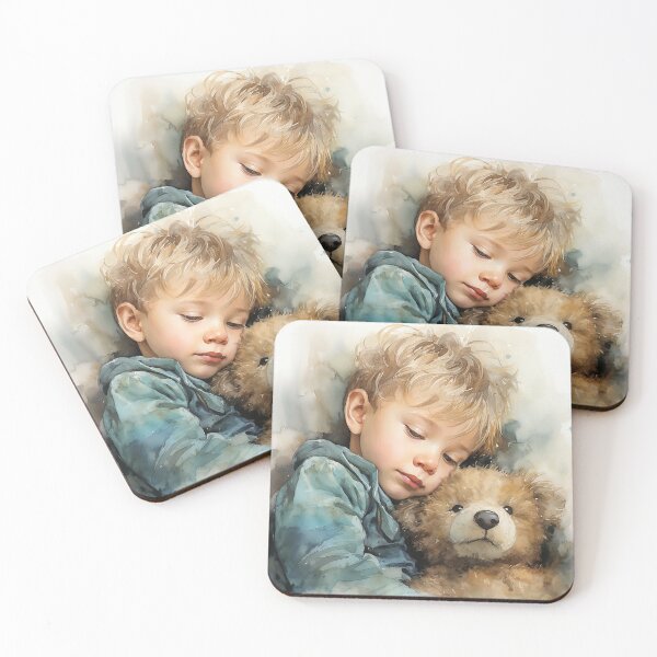 Item preview, Sleepy Snuggles - A Little Boy Hugs His Teddy Bear In Bed - Children Art - Watercolor Art designed and sold by CastleBySea.