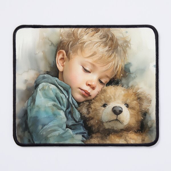 Item preview, Sleepy Snuggles - A Little Boy Hugs His Teddy Bear In Bed - Children Art - Watercolor Art designed and sold by CastleBySea.