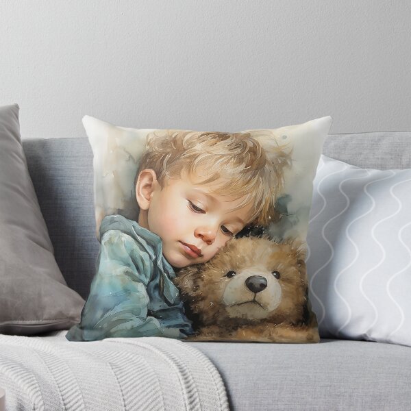 Item preview, Sleepy Snuggles - A Little Boy Hugs His Teddy Bear In Bed - Children Art - Watercolor Art designed and sold by CastleBySea.