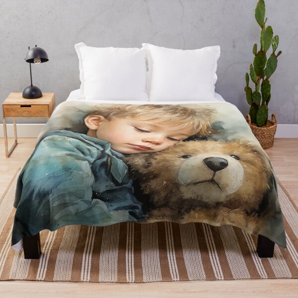 Item preview, Sleepy Snuggles - A Little Boy Hugs His Teddy Bear In Bed - Children Art - Watercolor Art designed and sold by CastleBySea.